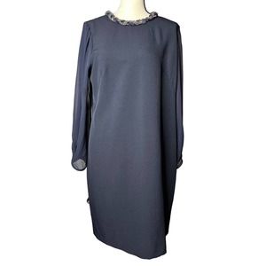 Christin Michaels Shift Dress in Dark Blue Size 16 Sheer Sleeves Beaded Neckline
